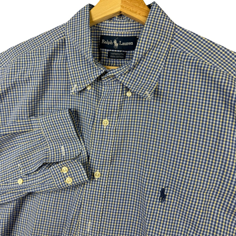 Ralph Lauren Yarmouth Mens 17 32/33 Blue Yellow Gingham Cotton Button Down Shirt